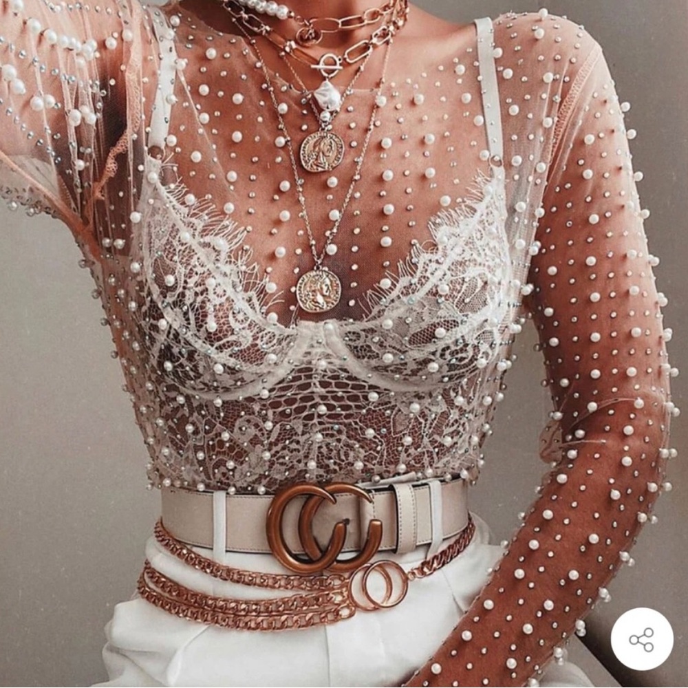 Elegant Sheer Pearl Embellished Top